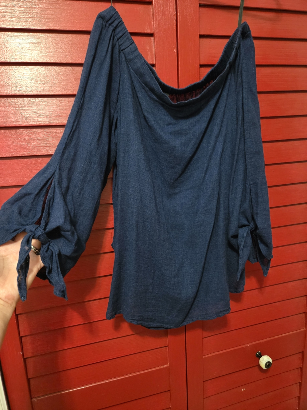 Women's Navy Off-Shoulder Tie-Sleeve Blouse